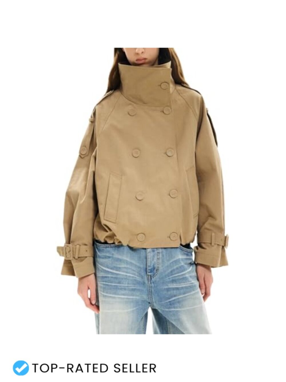 Womens Cropped Trench Coat Funnel Neck Double Breasted Pleated Hem